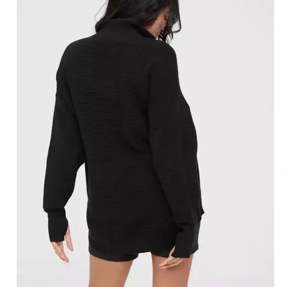 Offline by Aerie Ribbed Quarter Zip Long Sleeve Oversized Knit Black Medium - Picture 2 of 8